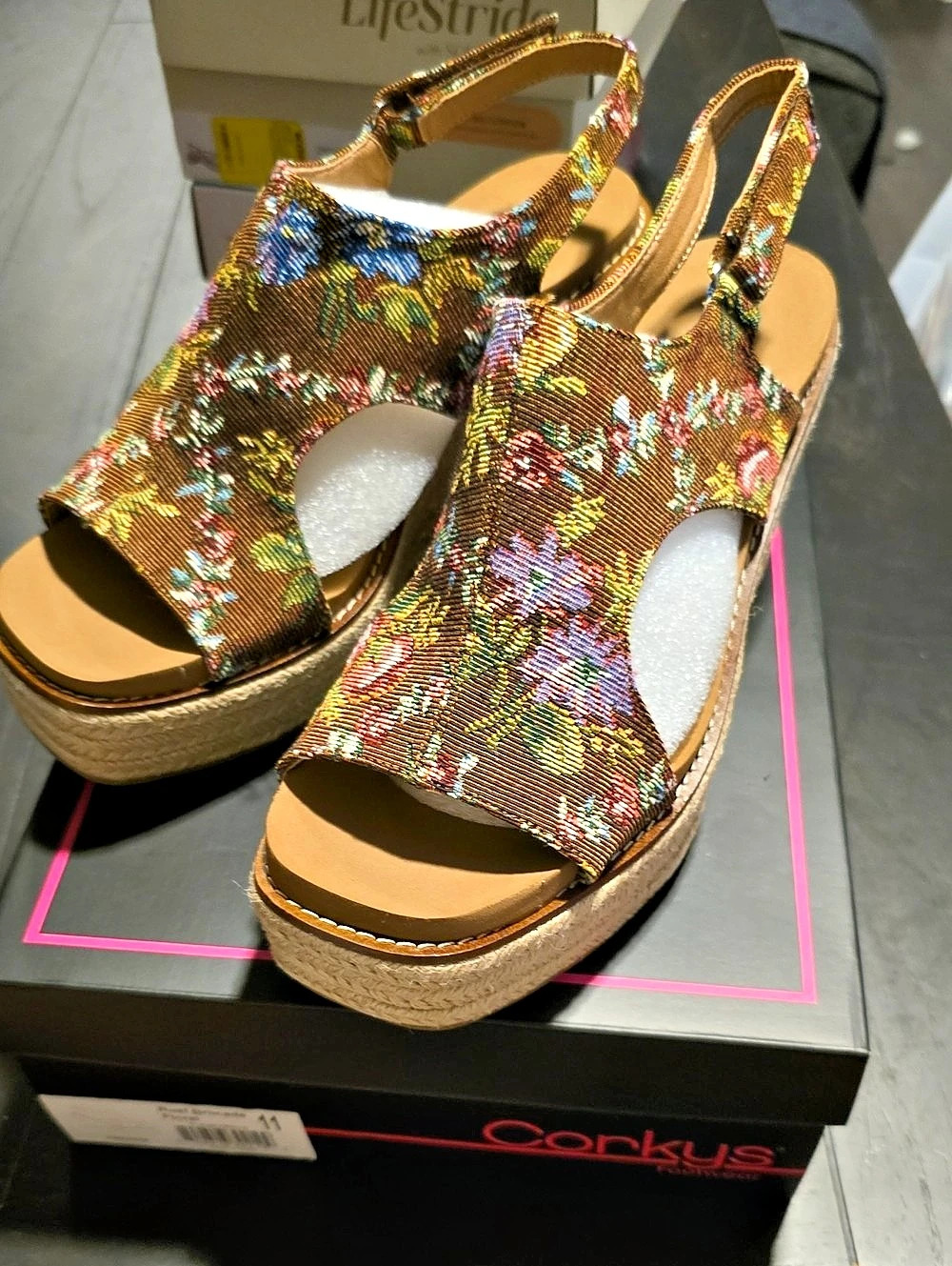Corkys Freddie Rust Brocade Floral Wedge Sandals NIB